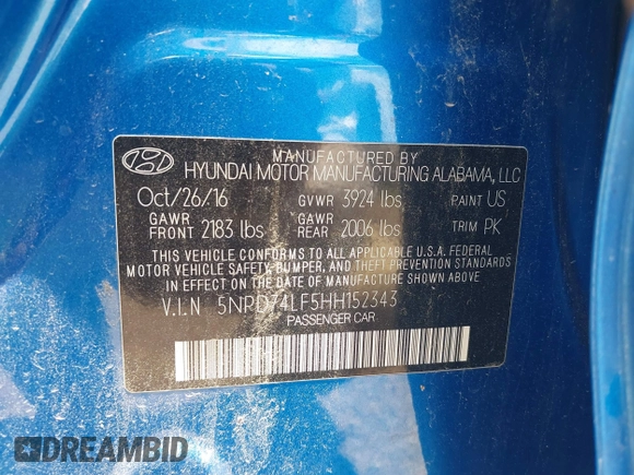 2017 Hyundai Elantra SE with VIN 5NPD74LF5HH152343, listed as a IAAI auction lot 42730306 with 110,440 mi miles and . Bid and sale history available at DreamBid. Image 9.