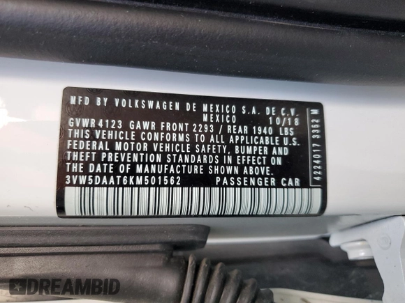 2019 Volkswagen Beetle S с VIN 3VW5DAAT6KM501562, выставлен на аукционе Copart как лот 57631785 с пробегом Не указан миль и Списание • Salvage title. История ставок и продаж доступна на DreamBid. Изображение 12.