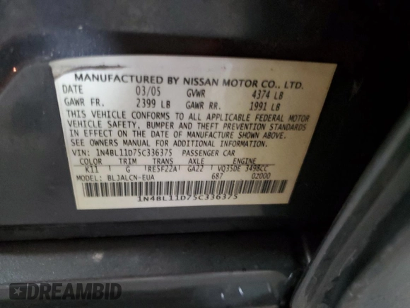 2005 Nissan Altima SE z VIN 1N4BL11D75C336375, wystawiony jako Copart lot #57359155 z przebiegiem 124 064 mil mil oraz Czysty tytuł • Clean title. Historia ofert i sprzedaży dostępna na DreamBid. Obrazek 12.