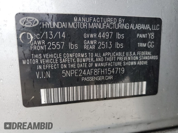 2015 Hyundai Sonata SE with VIN 5NPE24AF8FH154719, listed as a Copart auction lot 52802045 with 106,257 mi miles and Salvage Title. Bid and sale history available at DreamBid. Image 12.