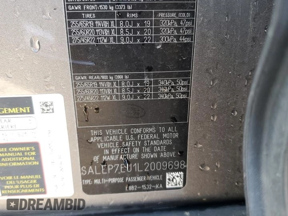 2020 Land Rover Defender SE with VIN SALEP7EU1L2009698, listed as a Copart auction lot 78194764 with 63,407 mi miles and Salvage title. Bid and sale history available at DreamBid. Image 13.