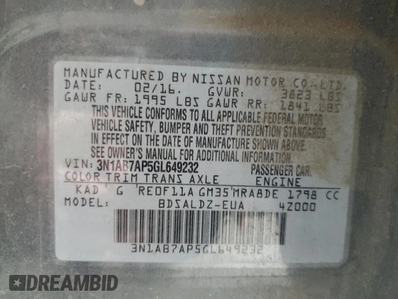 2016 Nissan Sentra S with VIN 3N1AB7AP5GL649232, listed as a Copart auction lot 52609385 with 139,428 mi miles and Salvage Title. Bid and sale history available at carsss.com. Image 12.