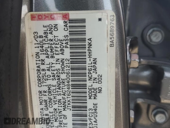 2004 Scion xA with VIN JTKKT624840061212, listed as a Copart auction lot 56391555 with 152,361 mi miles and Salvage Title. Bid and sale history available at DreamBid. Image 12.