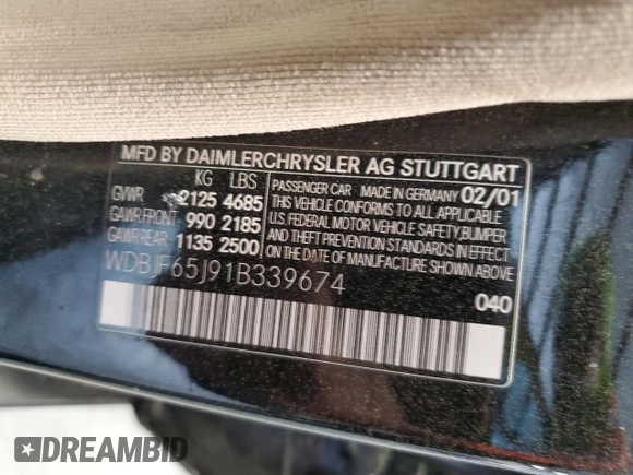 2001 Mercedes-Benz E 320 z VIN WDBJF65J91B339674, wystawiony jako Copart lot #50374725 z przebiegiem 205 940 mil mil oraz Szkoda całkowita • Salvage title. Historia ofert i sprzedaży dostępna na DreamBid. Obrazek 13.