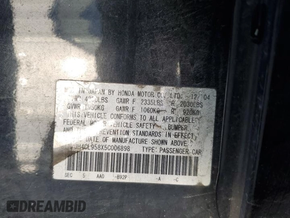 2005 Acura TSX z VIN JH4CL958X5C006898, wystawiony jako Copart lot #85274094 z przebiegiem 183 211 mil mil oraz Szkoda całkowita • Salvage title. Historia ofert i sprzedaży dostępna na DreamBid. Obrazek 12.