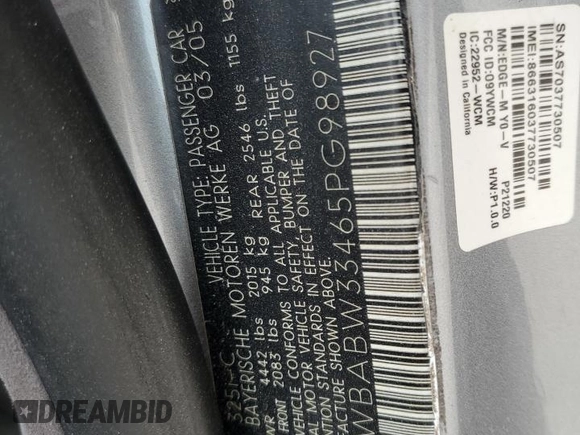 2005 BMW 3 Series 325Ci with VIN WBABW33465PG98927, listed as a Copart auction lot 47811105 with 176,868 mi miles and Salvage Title. Bid and sale history available at carsss.com. Image 13.