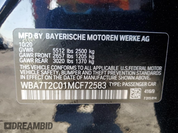 2021 BMW 7 Series 740i with VIN WBA7T2C01MCF72583, listed as a Copart auction lot 88601095 with 57,227 mi miles and Salvage title. Bid and sale history available at DreamBid. Image 15.