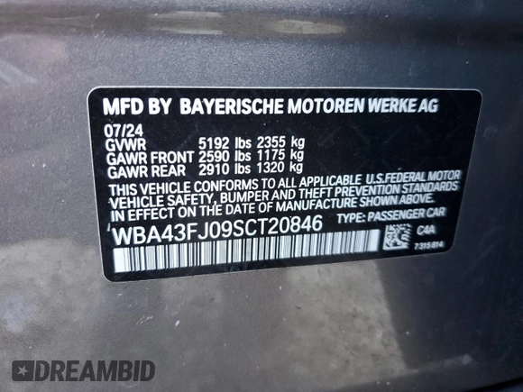 2025 BMW 5 Series 530i with VIN WBA43FJ09SCT20846, listed as a Copart auction lot 45483035 with 6,105 mi miles and Clean Title. Bid and sale history available at carsss.com. Image 12.