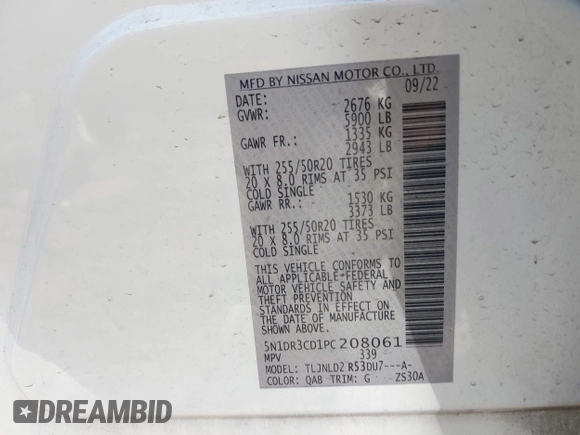 2023 Nissan Pathfinder SL with VIN 5N1DR3CD1PC208061, listed as a IAAI auction lot 42087660 with 37,018 mi miles and . Bid and sale history available at DreamBid. Image 9.