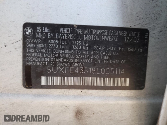 2008 BMW X5 3.0si with VIN 5UXFE43518L005114, listed as a Copart auction lot 51875215 with 0 mi miles and Salvage Title. Bid and sale history available at carsss.com. Image 14.