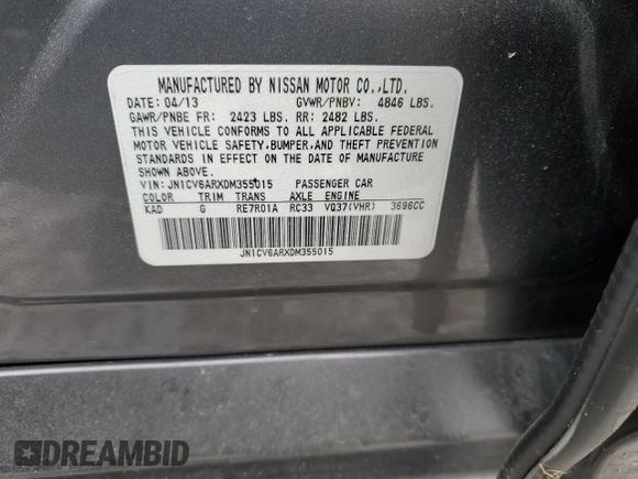 2013 Infiniti G37 x with VIN JN1CV6ARXDM355015, listed as a Copart auction lot 45601585 with Not Provided miles and Salvage Title. Bid and sale history available at carsss.com. Image 12.