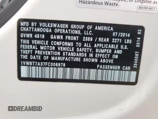 2015 Volkswagen Passat 1.8T Sport with VIN 1VWBT7A37FC006979, listed as a Copart auction lot 51417265 with 65,314 mi miles and Salvage Title. Bid and sale history available at carsss.com. Image 12.