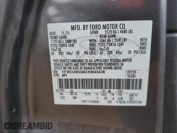 2012 Ford Escape XLT with VIN 1FMCU9DG6CKB43438, listed as a Copart auction lot 58499905 with 179,911 mi miles and Salvage title. Bid and sale history available at DreamBid. Image 13.