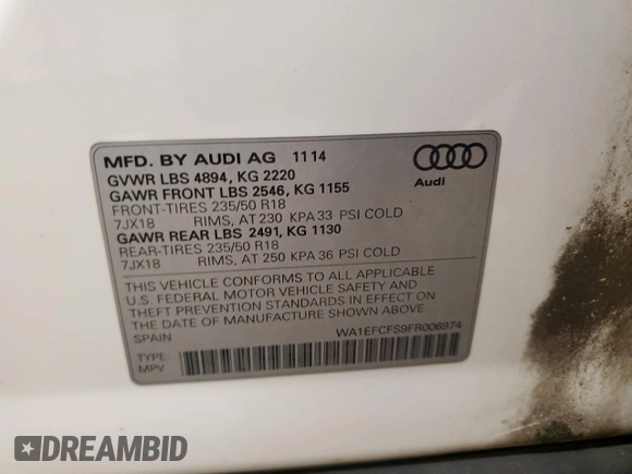 2015 Audi Q3 Premium Plus with VIN WA1EFCFS9FR006974, listed as a Copart auction lot 60036635 with 117,961 mi miles and Clean title. Bid and sale history available at DreamBid. Image 13.