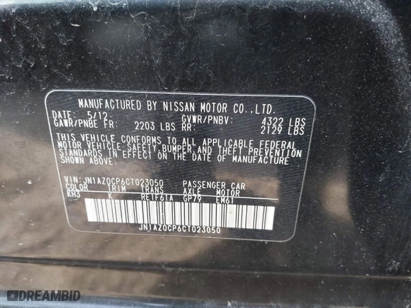2012 Nissan LEAF SL with VIN JN1AZ0CP6CT023050, listed as a IAAI auction lot 41652812 with 55,011 mi miles. Bid and sale history available at carsss.com. Image 9.