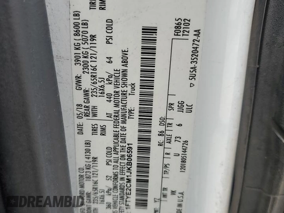 2018 Ford Transit с VIN 1FTYE2CM1JKB06591, выставлен на аукционе Copart как лот 54611555 с пробегом 205 814 миль миль и Списание • Salvage title. История ставок и продаж доступна на DreamBid. Изображение 13.