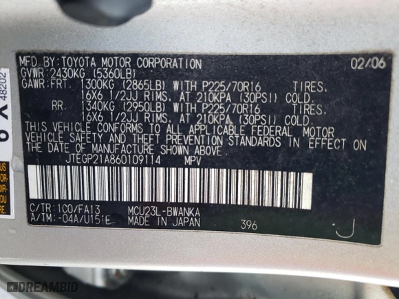 2006 Toyota Highlander with VIN JTEGP21A860109114, listed as a Copart auction lot 42699765 with 113,609 mi miles and Salvage Title. Bid and sale history available at carsss.com. Image 14.
