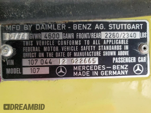 1975 Mercedes-Benz SL with VIN 10704412022665, listed as a Copart auction lot 49290605 with 85,380 mi miles and Clean title. Bid and sale history available at DreamBid. Image 12.