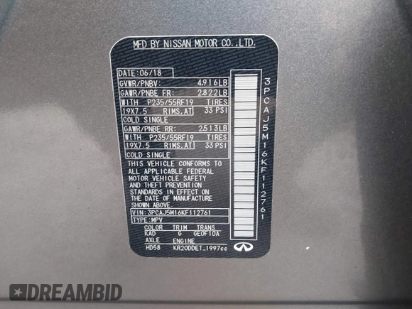 2019 Infiniti QX50 LUXE with VIN 3PCAJ5M16KF112761, listed as a IAAI auction lot 41921825 with 78,566 mi miles. Bid and sale history available at carsss.com. Image 9.