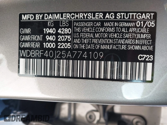 2005 Mercedes-Benz C 230 Kompressor with VIN WDBRF40J25A774109, listed as a IAAI auction lot 42010040 with 39,511 mi miles and . Bid and sale history available at DreamBid. Image 9.