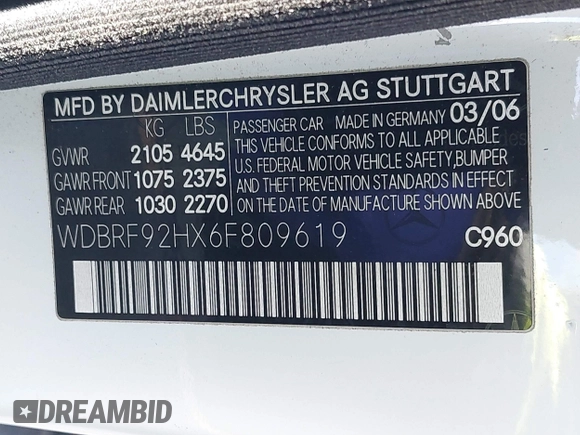 2006 Mercedes-Benz C 280 Luxury with VIN WDBRF92HX6F809619, listed as a IAAI auction lot 41393141 with 185,248 mi miles and . Bid and sale history available at DreamBid. Image 9.