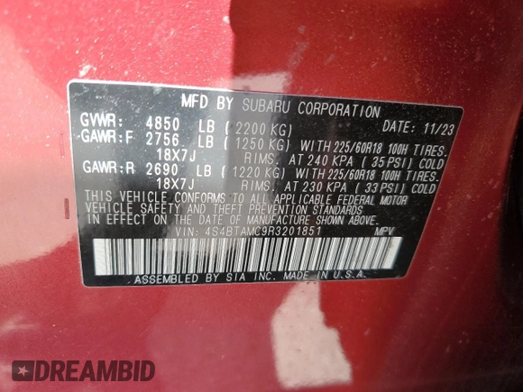 2024 Subaru Outback Limited z VIN 4S4BTAMC9R3201851, wystawiony jako Copart lot #51838715 z przebiegiem 3 011 mil mil oraz Szkoda całkowita • Salvage title. Historia ofert i sprzedaży dostępna na DreamBid. Obrazek 13.