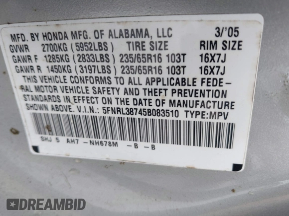 2005 Honda Odyssey EX-L with VIN 5FNRL38745B083510, listed as a IAAI auction lot 42534287 with 304,298 mi miles and . Bid and sale history available at DreamBid. Image 9.