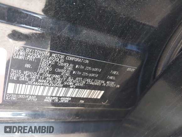 2021 Toyota Venza LE with VIN JTEAAAAHXMJ068488, listed as a IAAI auction lot 40793857 with 66,634 mi miles and . Bid and sale history available at carsss.com. Image 9.