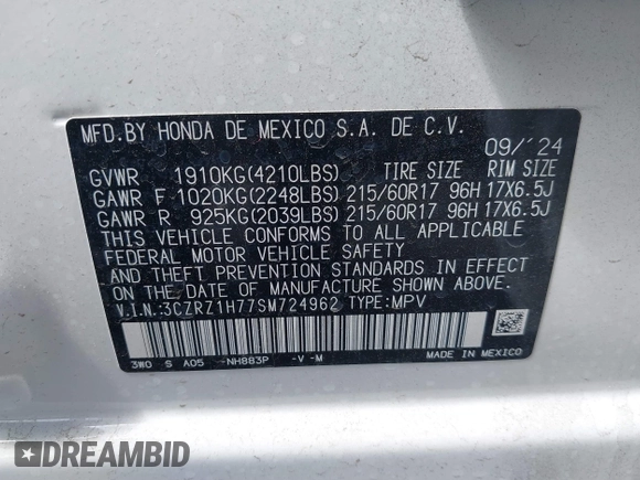 2025 Honda HR-V EX-L z VIN 3CZRZ1H77SM724962, wystawiony jako IAAI lot #41899191 z przebiegiem 3244 mil mil oraz . Historia ofert i sprzedaży dostępna na DreamBid. Obrazek 9.