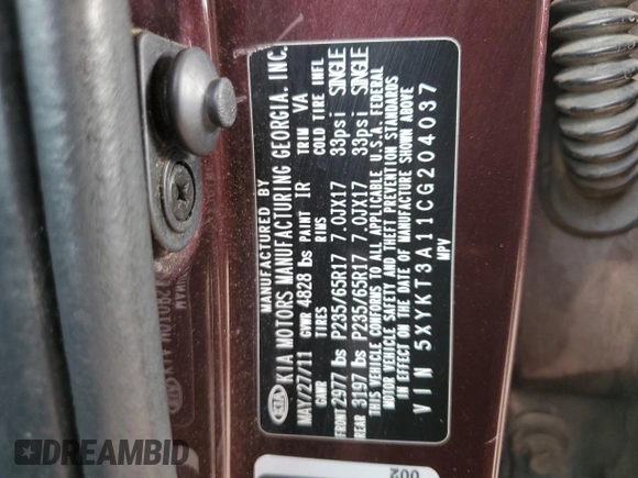 2012 Kia Sorento LX with VIN 5XYKT3A11CG204037, listed as a Copart auction lot 49631965 with 247,649 mi miles and Salvage Title. Bid and sale history available at DreamBid. Image 12.