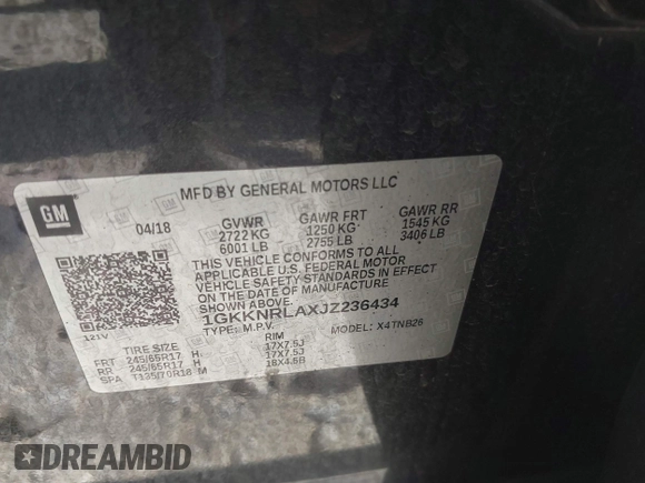 2018 GMC Acadia SLE with VIN 1GKKNRLAXJZ236434, listed as a IAAI auction lot 40623526 with 91,575 mi miles and . Bid and sale history available at DreamBid. Image 9.
