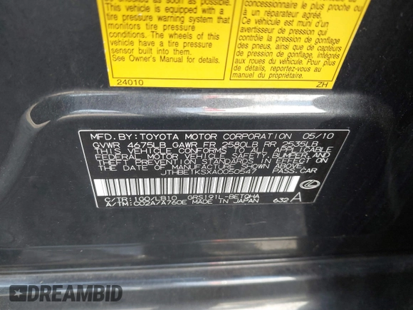2010 Lexus GS 350 z VIN JTHBE1KSXA0050547, wystawiony jako IAAI lot #41431599 z przebiegiem 199 705 mil mil oraz . Historia ofert i sprzedaży dostępna na DreamBid. Obrazek 9.