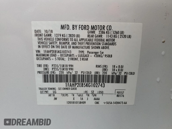 2019 Ford Taurus SEL with VIN 1FAHP2E85KG102743, listed as a Copart auction lot 81892973 with 102,301 mi miles and Salvage Title. Bid and sale history available at DreamBid. Image 14.