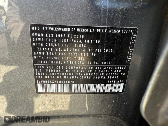 2018 Volkswagen Tiguan S z VIN 3VV0B7AX2JM014870, wystawiony jako Copart lot #57364305 z przebiegiem 118 522 mil mil oraz Czysty tytuł • Clean title. Historia ofert i sprzedaży dostępna na DreamBid. Obrazek 10.