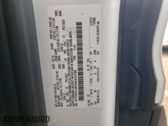 2017 Ford Transit with VIN 1FTYR1CM7HKA33798, listed as a Copart auction lot 56134213 with 144,954 mi miles and Salvage Title. Bid and sale history available at DreamBid. Image 14.