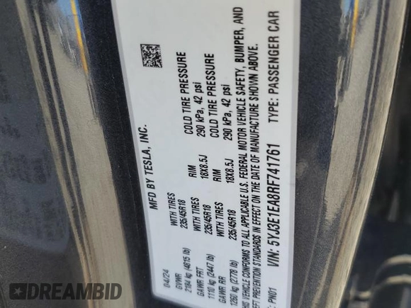 2024 Tesla Model 3 z VIN 5YJ3E1EA8RF741761, wystawiony jako Copart lot #46134875 z przebiegiem 15 537 mil mil oraz Szkoda całkowita • Salvage title. Historia ofert i sprzedaży dostępna na DreamBid. Obrazek 15.