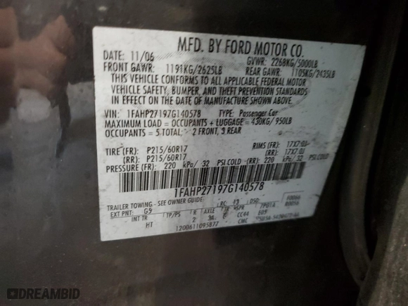 2007 Ford Five Hundred SEL with VIN 1FAHP27197G140578, listed as a Copart auction lot 82210944 with 0 mi miles and Salvage Title. Bid and sale history available at carsss.com. Image 12.