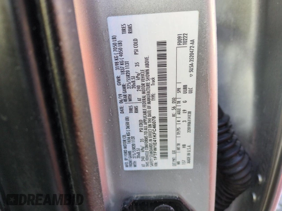 2019 Ford F-150 XL with VIN 1FTFW1E41KFC46078, listed as a Copart auction lot 88750395 with 125,092 mi miles and Salvage Title. Bid and sale history available at carsss.com. Image 12.