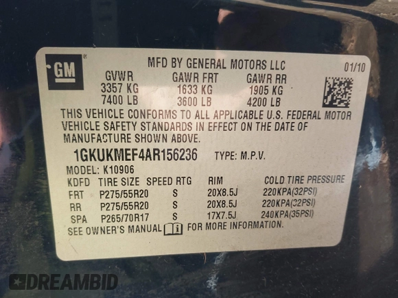 2010 GMC Yukon XL Denali with VIN 1GKUKMEF4AR156236, listed as a IAAI auction lot 40818388 with 252,031 mi miles. Bid and sale history available at carsss.com. Image 9.