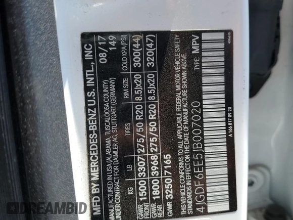 2018 Mercedes-Benz GLS 450 with VIN 4JGDF6EE5JB007020, listed as a Copart auction lot 60976055 with 99,238 mi miles and Salvage title. Bid and sale history available at DreamBid. Image 14.
