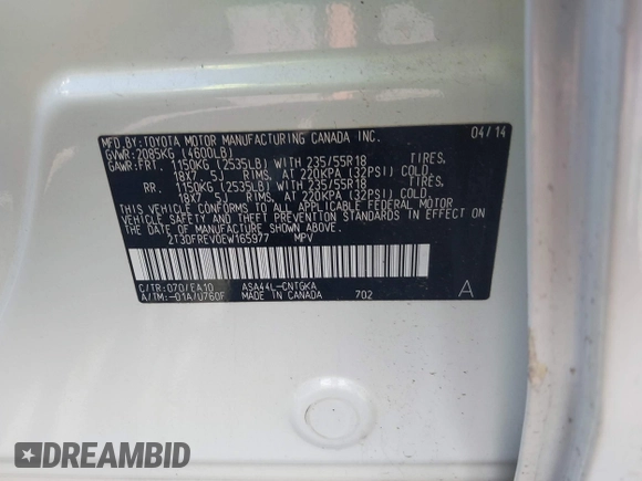2014 Toyota RAV4 Limited with VIN 2T3DFREV0EW165977, listed as a IAAI auction lot 42679390 with 59,874 mi miles and . Bid and sale history available at DreamBid. Image 9.
