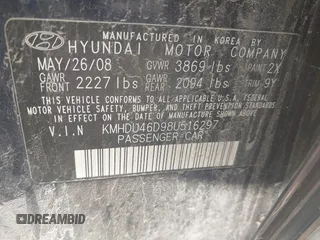 2008 Hyundai Elantra GLS z VIN KMHDU46D98U516297, wystawiony jako IAAI lot #42433346 z przebiegiem 186 495 mil mil oraz . Historia ofert i sprzedaży dostępna na DreamBid. Obrazek 9.