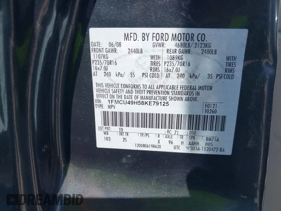 2008 Ford Escape Hybrid with VIN 1FMCU49H58KE79125, listed as a IAAI auction lot 42157559 with 197,964 mi miles and . Bid and sale history available at DreamBid. Image 9.