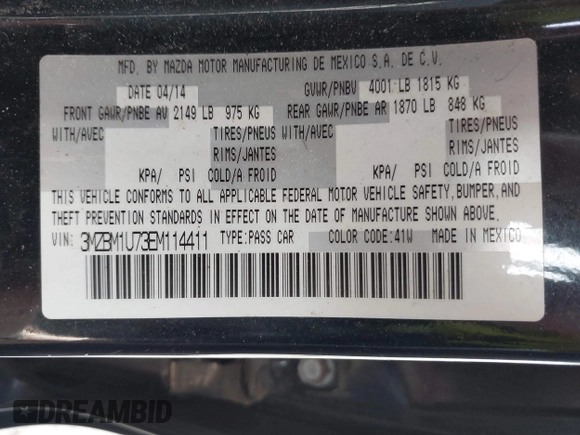 2014 Mazda 3 i Sport with VIN 3MZBM1U73EM114411, listed as a IAAI auction lot 41963940 with 141,832 mi miles and . Bid and sale history available at carsss.com. Image 9.