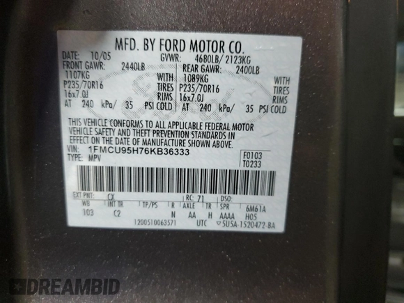 2006 Ford Escape Hybrid with VIN 1FMCU95H76KB36333, listed as a Copart auction lot 55693945 with 147,470 mi miles and Non repairable. Bid and sale history available at DreamBid. Image 13.