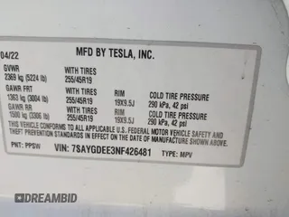 2022 Tesla Model Y Long Range z VIN 7SAYGDEE3NF426481, wystawiony jako IAAI lot #42076729 z przebiegiem 21 648 mil mil oraz . Historia ofert i sprzedaży dostępna na DreamBid. Obrazek 9.