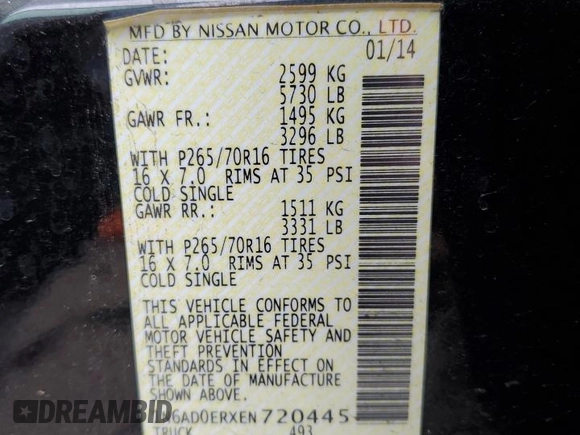 2014 Nissan Frontier SV with VIN 1N6AD0ERXEN720445, listed as a Copart auction lot 59784415 with 126,099 mi miles and Clean title. Bid and sale history available at DreamBid. Image 12.