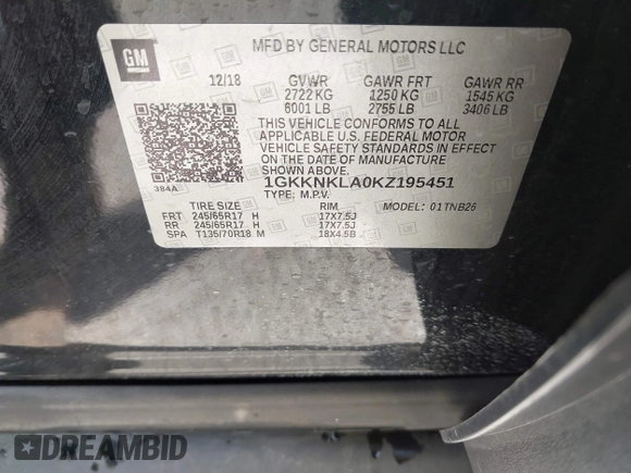 2019 GMC Acadia SLE with VIN 1GKKNKLA0KZ195451, listed as a IAAI auction lot 42026503 with 67,964 mi miles. Bid and sale history available at carsss.com. Image 9.