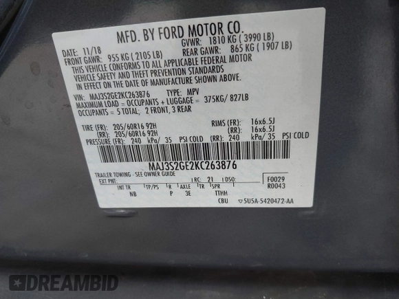 2019 Ford EcoSport SE with VIN MAJ3S2GE2KC263876, listed as a IAAI auction lot 41448236 with 64,988 mi miles and . Bid and sale history available at DreamBid. Image 9.