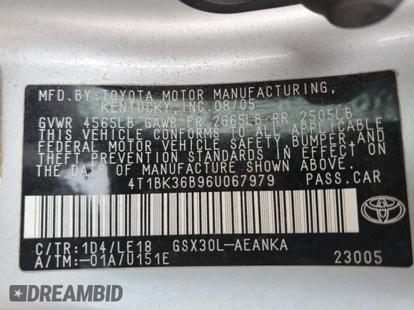2006 Toyota Avalon XL with VIN 4T1BK36B96U067979, listed as a Copart auction lot 79886464 with 187,487 mi miles and Clean title. Bid and sale history available at DreamBid. Image 12.